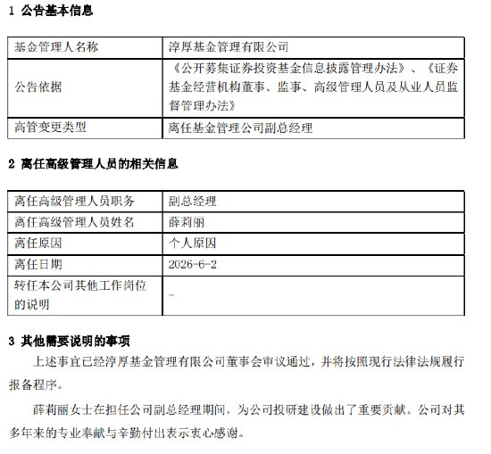 淳厚基金副总经理薛莉丽离任，国资入主后投研体系面临重塑